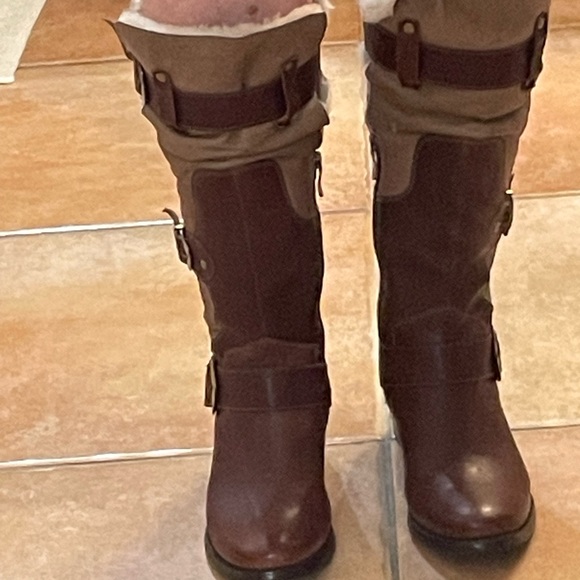 CHARLES DAVID Brown Tan Buckle Moto Sherpa Lined Boots Size 37 US 6.5 - Picture 9 of 16